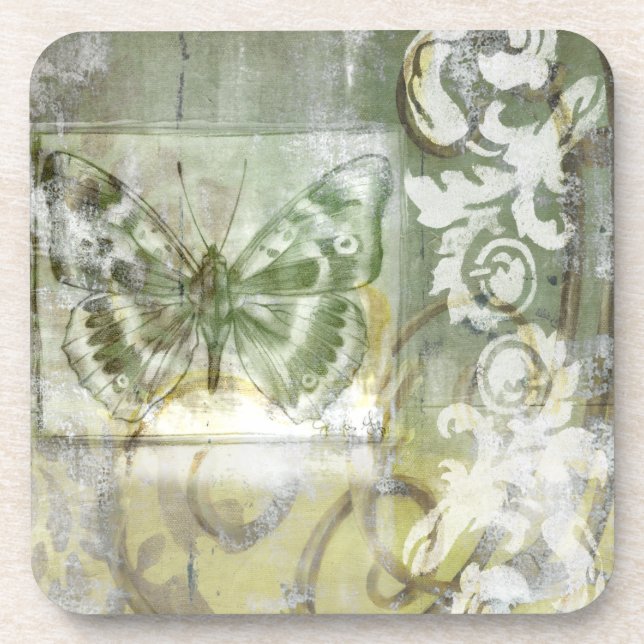 Green Butterfly Inset with Ironwork Gate Drink Coaster (Front)