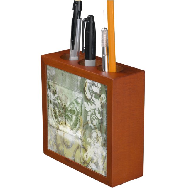 Green Butterfly Inset with Ironwork Gate Pencil/Pen Holder (In Situ)
