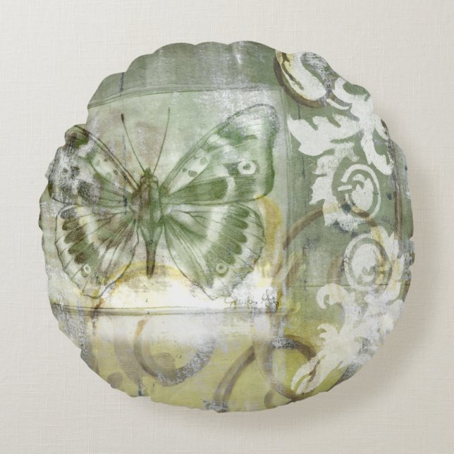 Green Butterfly Inset with Ironwork Gate Round Pillow (Front)