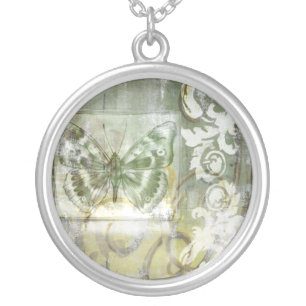 Green Butterfly Inset with Ironwork Gate Silver Plated Necklace