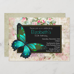 Green Butterfly on a Vintage Collage Birthday Invitation