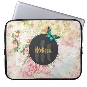Green Butterfly on Chic Vintage Collage Monogram Laptop Sleeve