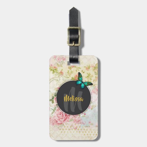 Green Butterfly on Chic Vintage Collage Monogram Luggage Tag