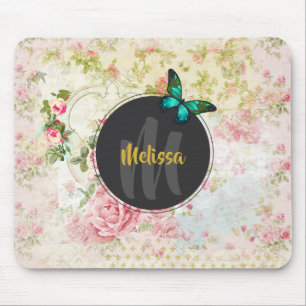 Green Butterfly on Chic Vintage Collage Monogram Mouse Pad