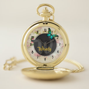 Green Butterfly on Chic Vintage Collage Monogram Pocket Watch