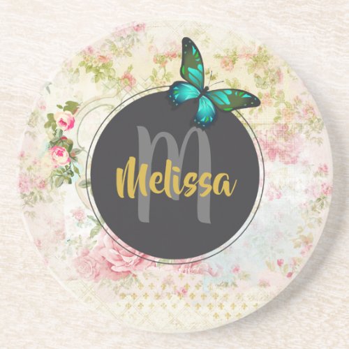 Green Butterfly on Chic Vintage Collage Monogram Sandstone Coaster