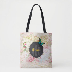 Green Butterfly on Chic Vintage Collage Monogram Tote Bag