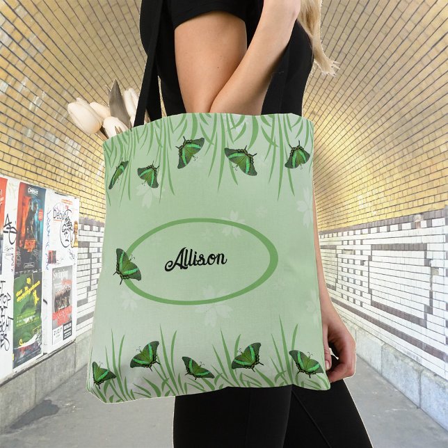 Green butterfly on light green  - customizable  tote bag (Creator Uploaded)