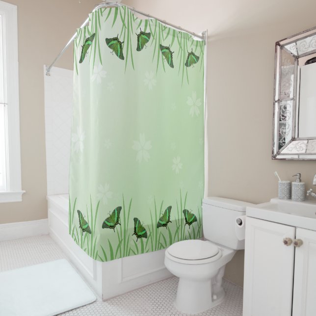 Green butterfly on light green  - romantic      shower curtain (In Situ)