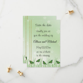 Green butterfly on light green -  save the date