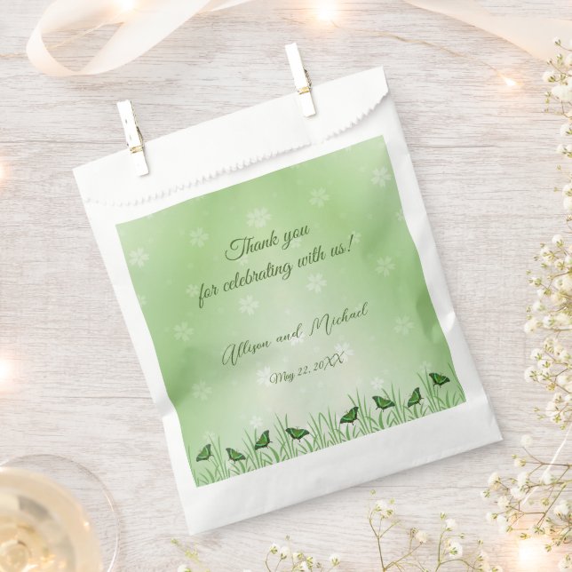 Green butterfly on light green - wedding favor bag (Clipped)