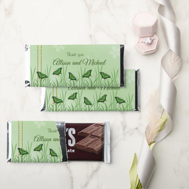 Green butterfly on light green - wedding  hershey bar favors (Front)
