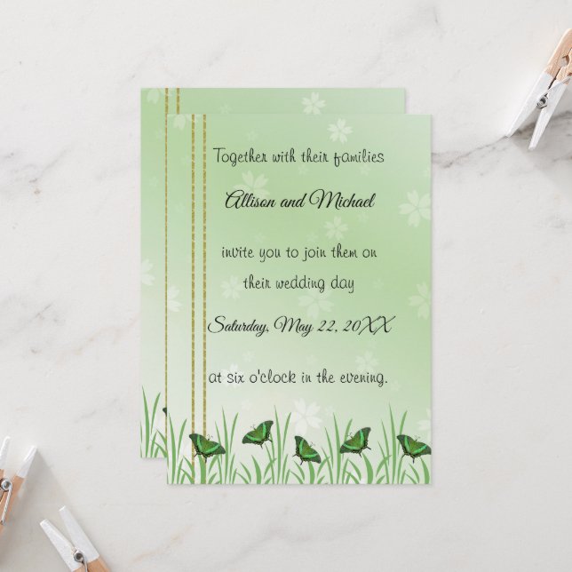 Green butterfly on light green - wedding  invitation (Front/Back In Situ)
