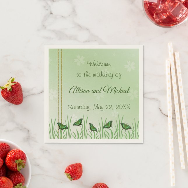 Green butterfly on light green - wedding  napkins (Insitu)