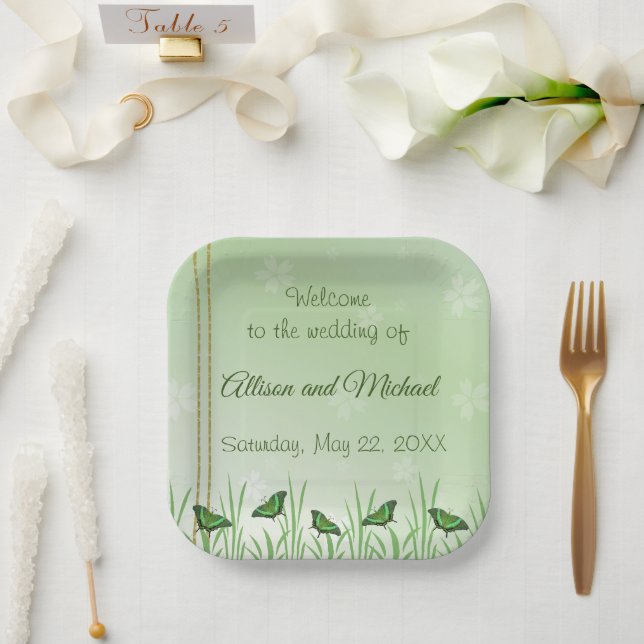 Green butterfly on light green - wedding   paper plates (Wedding)