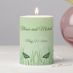Green butterfly on light green - wedding pillar candle