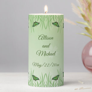 Green butterfly on light green - wedding pillar candle