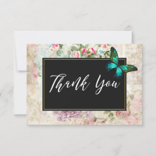 Green Butterfly on Pink Roses Collage Thank You