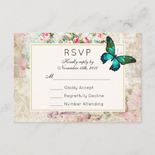 Green Butterfly on Vintage Collage Wedding RSVP