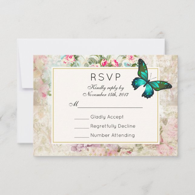 Green Butterfly on Vintage Collage Wedding RSVP Card (Front)