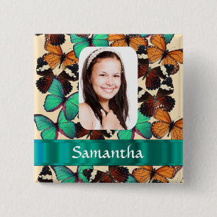Green butterfly pattern photo template button