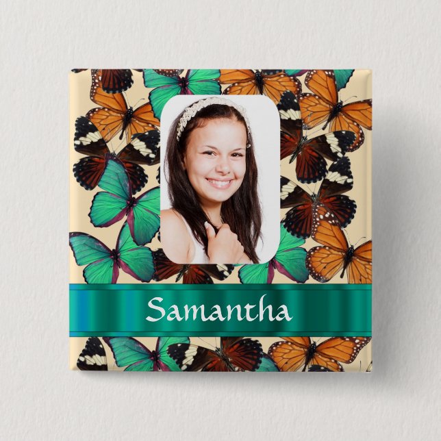 Green butterfly pattern photo template button (Front)