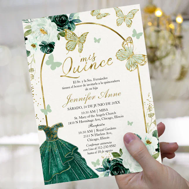 Green Butterfly Spanish Quinceanera Invitations Zazzle