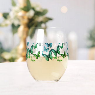 Green Butterfly Stemless Wine Glass
