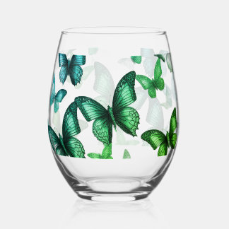 Green Butterfly  Stemless Wine Glass