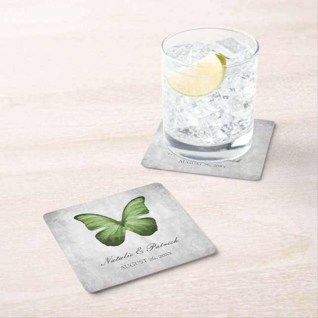 Green Butterfly Wedding Paper Coasters (Insitu)