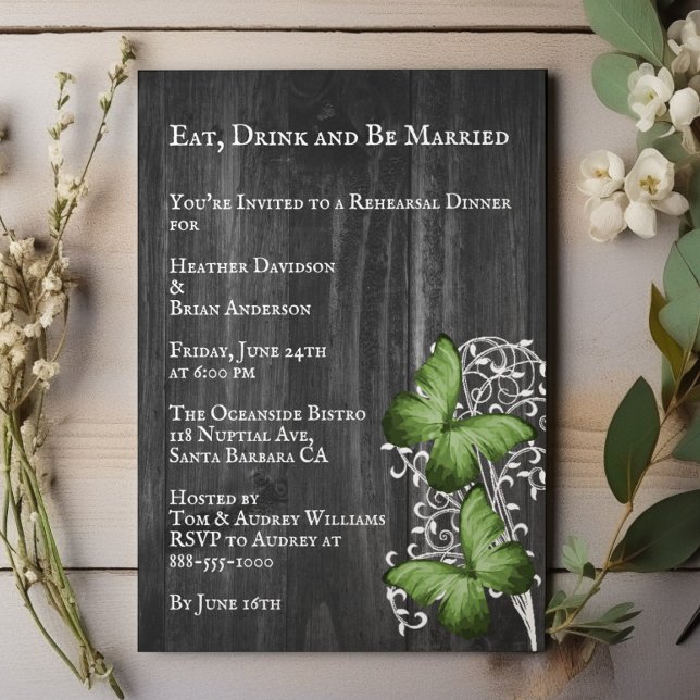 Green Butterfly Wedding Rehearsal Dinner Invitation (Green Rustic Butterfly Wedding Rehearsal Dinner Invitation)