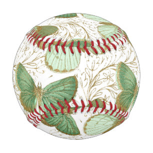 Green Butterfly White Floral Flower Blossom Baseball