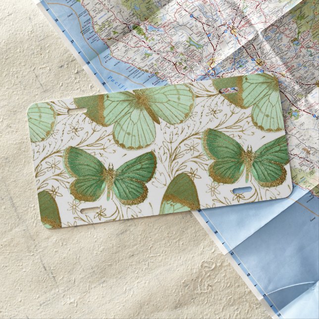 Green Butterfly White Floral Flower Blossom License Plate (In Situ)