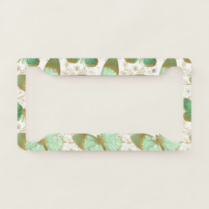 Green Butterfly White Floral Flower Blossom License Plate Frame