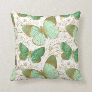 Green Butterfly White Floral Flower Blossom Throw Pillow