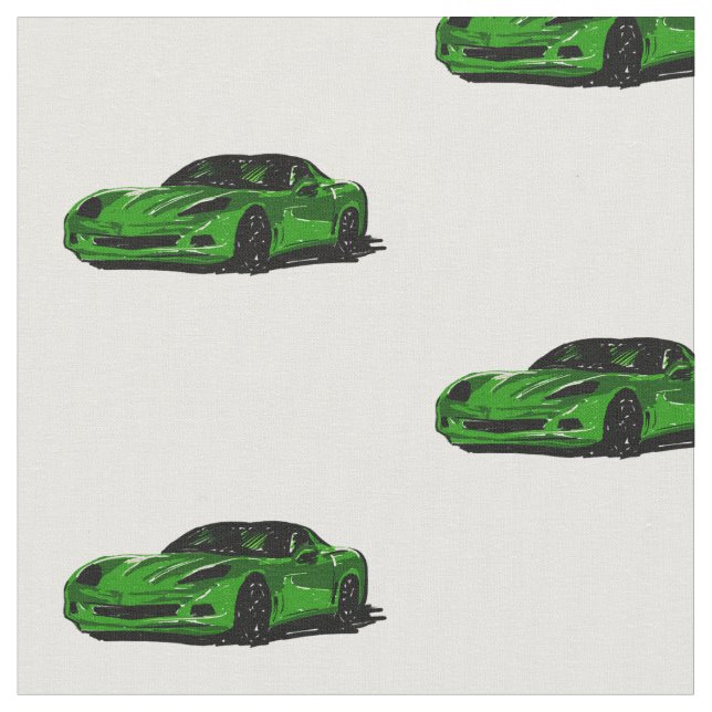 Green C6 Corvette Hand Drawn Sketch Fabric (Close Up)