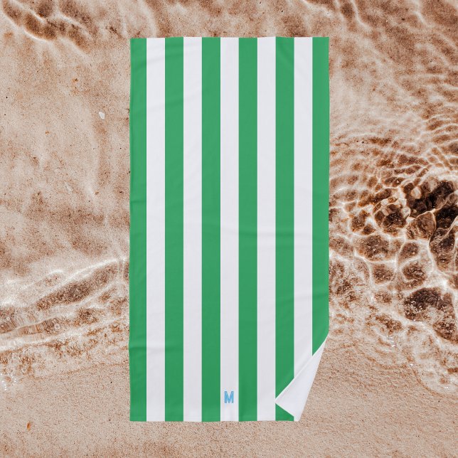 Green Cabana Stripe & Personalized Blue Monogram Beach Towel (Creator Uploaded)