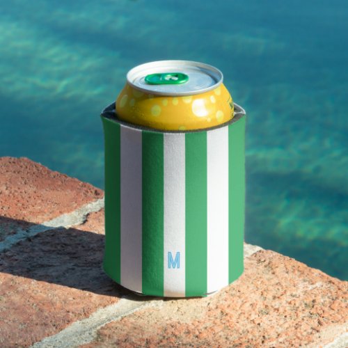 Green Cabana Stripe  Personalized Blue Monogram Can Cooler
