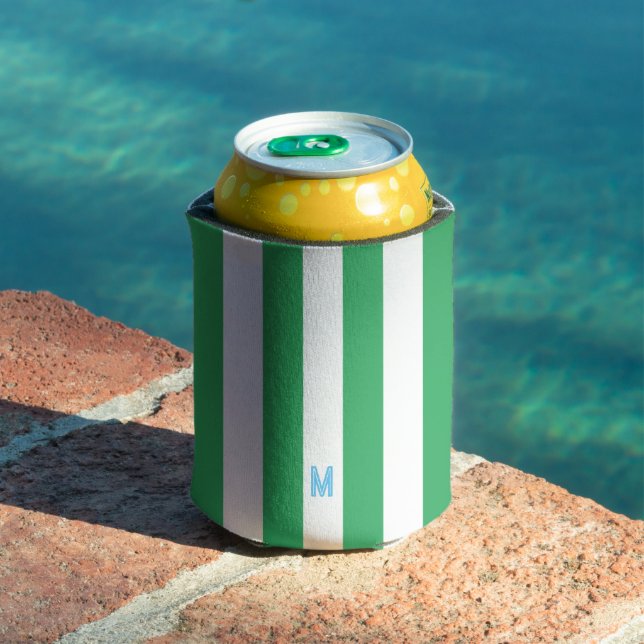 Green Cabana Stripe & Personalized Blue Monogram Can Cooler (In Situ Pool)