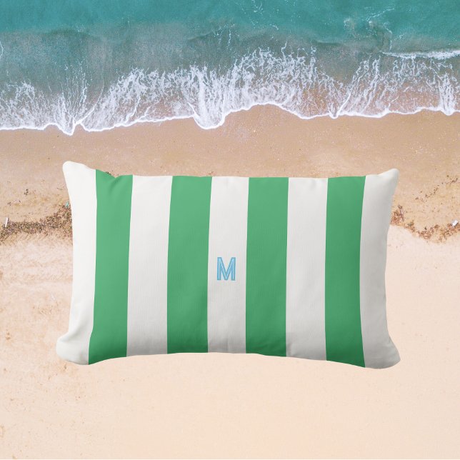 Green Cabana Stripe & Personalized Blue Monogram Lumbar Pillow (Creator Uploaded)