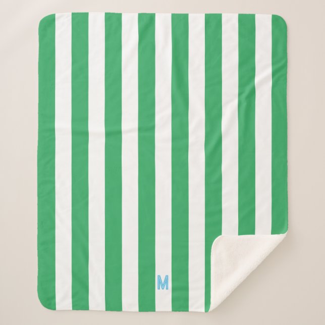 Green Cabana Stripe & Personalized Blue Monogram Sherpa Blanket (Front)