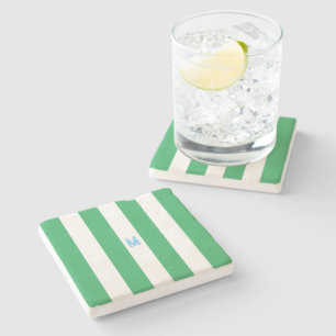 Green Cabana Stripe & Personalized Blue Monogram Stone Coaster