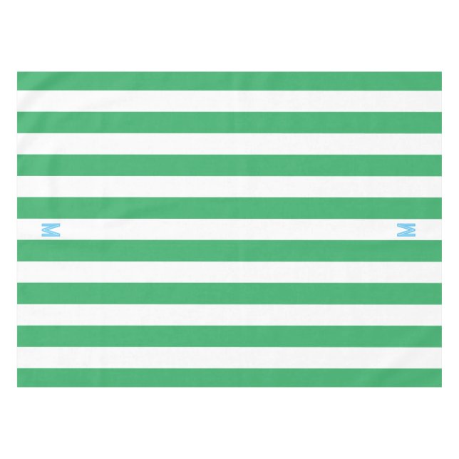 Green Cabana Stripe & Personalized Blue Monogram Tablecloth (Front (Horizontal))