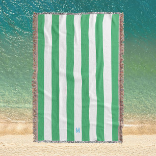 Green Cabana Stripe & Personalized Blue Monogram Throw Blanket