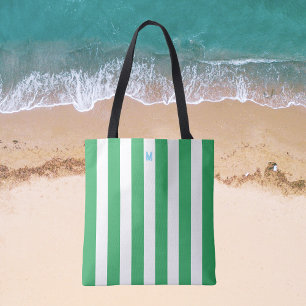 Green Cabana Stripe & Personalized Blue Monogram Tote Bag
