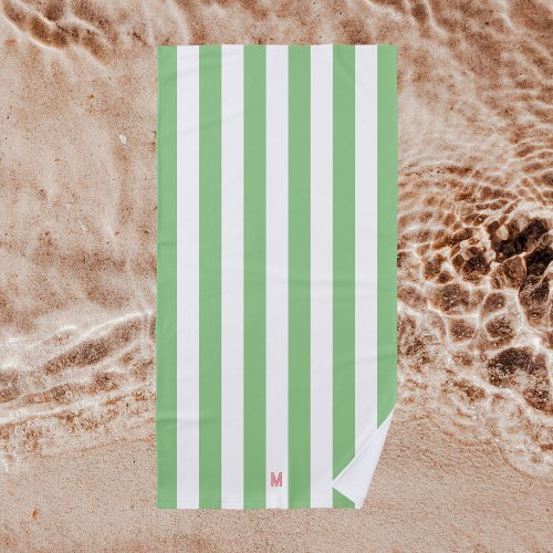 Green Cabana Stripe  Personalized Pink Monogram Beach Towel