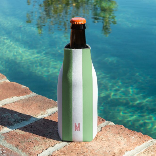 Green Cabana Stripe & Personalized Pink Monogram Bottle Cooler (In Situ Pool)