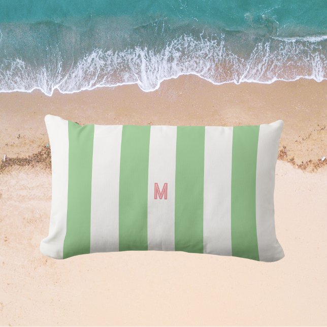Green Cabana Stripe & Personalized Pink Monogram Lumbar Pillow (Creator Uploaded)