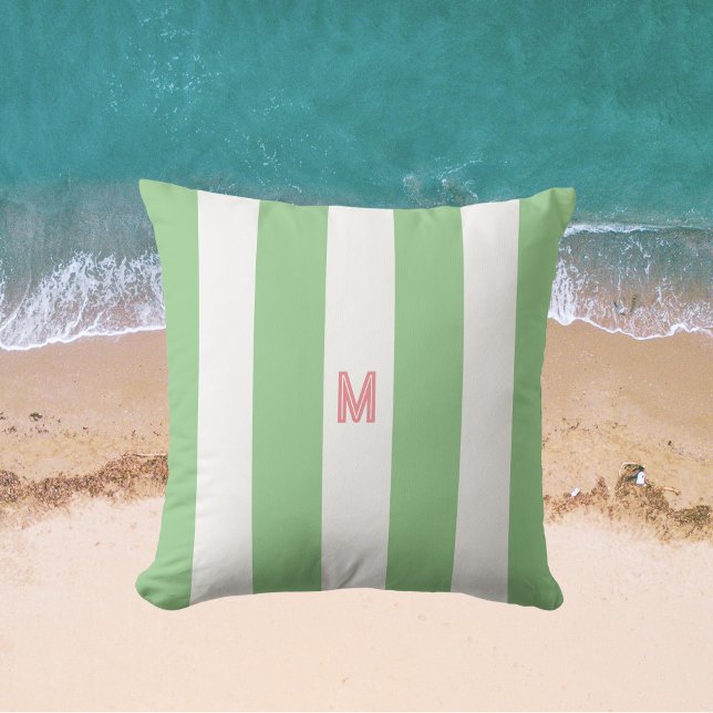 Green Cabana Stripe & Personalized Pink Monogram Outdoor Pillow (Creator Uploaded)