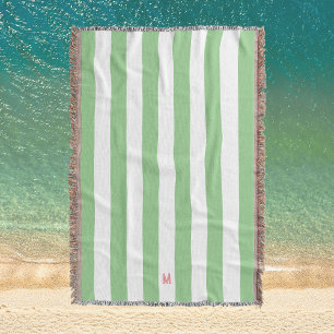 Green Cabana Stripe & Personalized Pink Monogram Throw Blanket